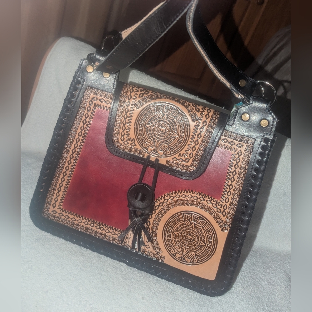 Handcrafted Leather Tooled Shoulder Bag - Black, Red, and Tan - Picture 3 of 9